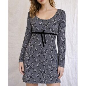 VTG 90s Y2K‎ A-List by Wrapper Gray Floral Long Sleeve Babydoll Dres Size M